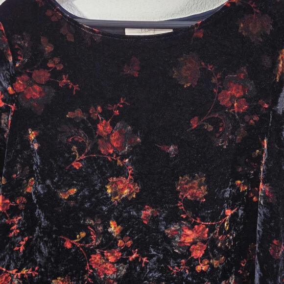 LOFT Women’s Dress Black Burnout Velvet Tie Sleeve Dark Romantic Floral Large - Picture 3 of 8